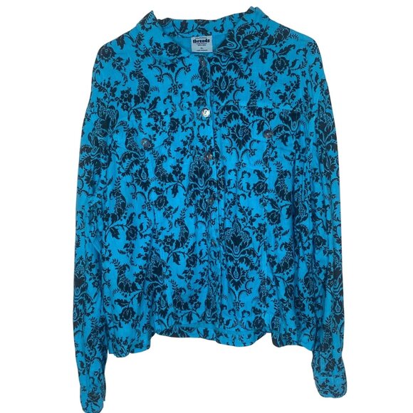 California Threads XL Blue & Black Floral Button-Up 100% Linen Shirt With Long S - Picture 1 of 11